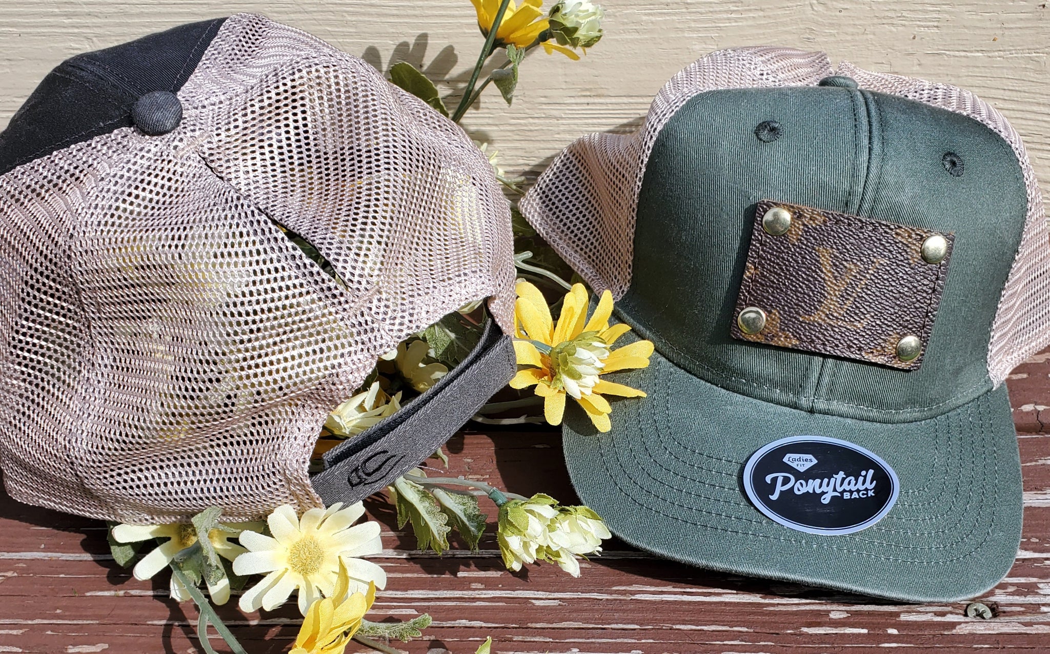 Upcycled ponytail trucker hat