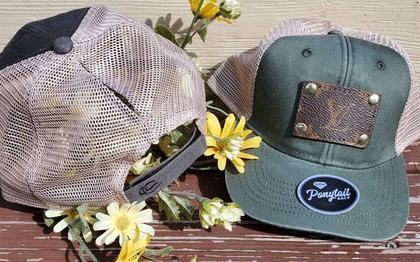 Upcycled ponytail trucker hat